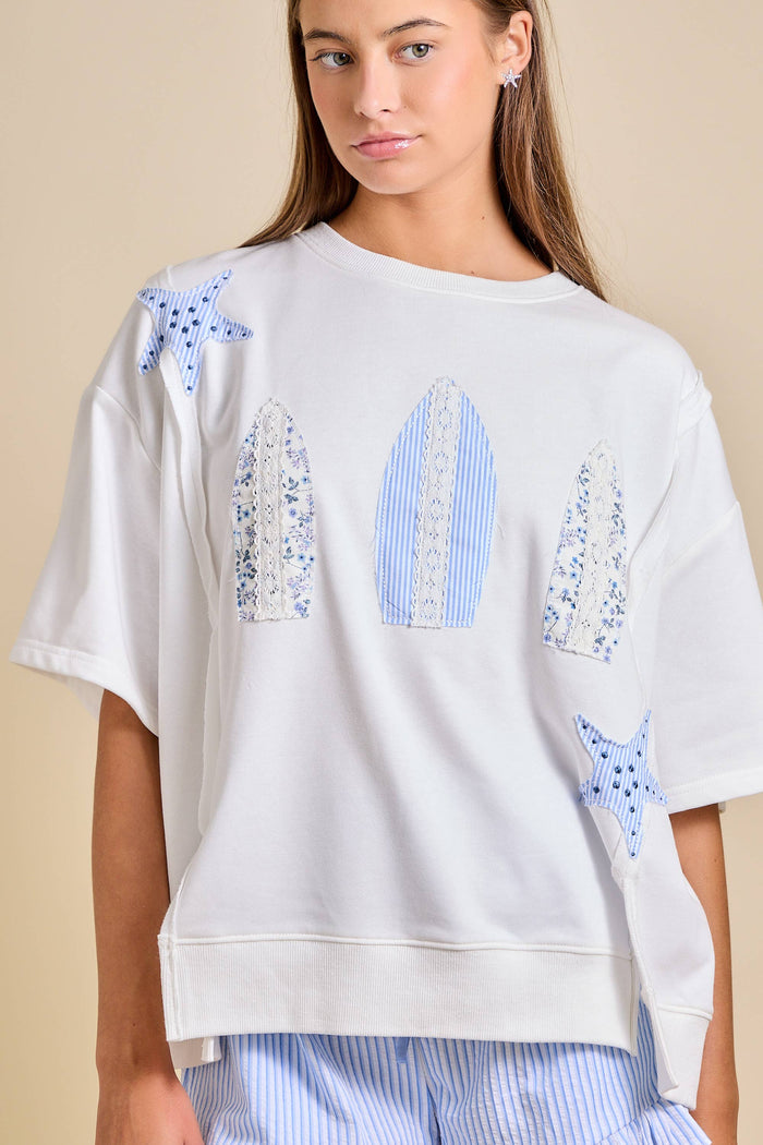 Surfboard Patchwork Tee – Coastal Summer Top: WHITE / M