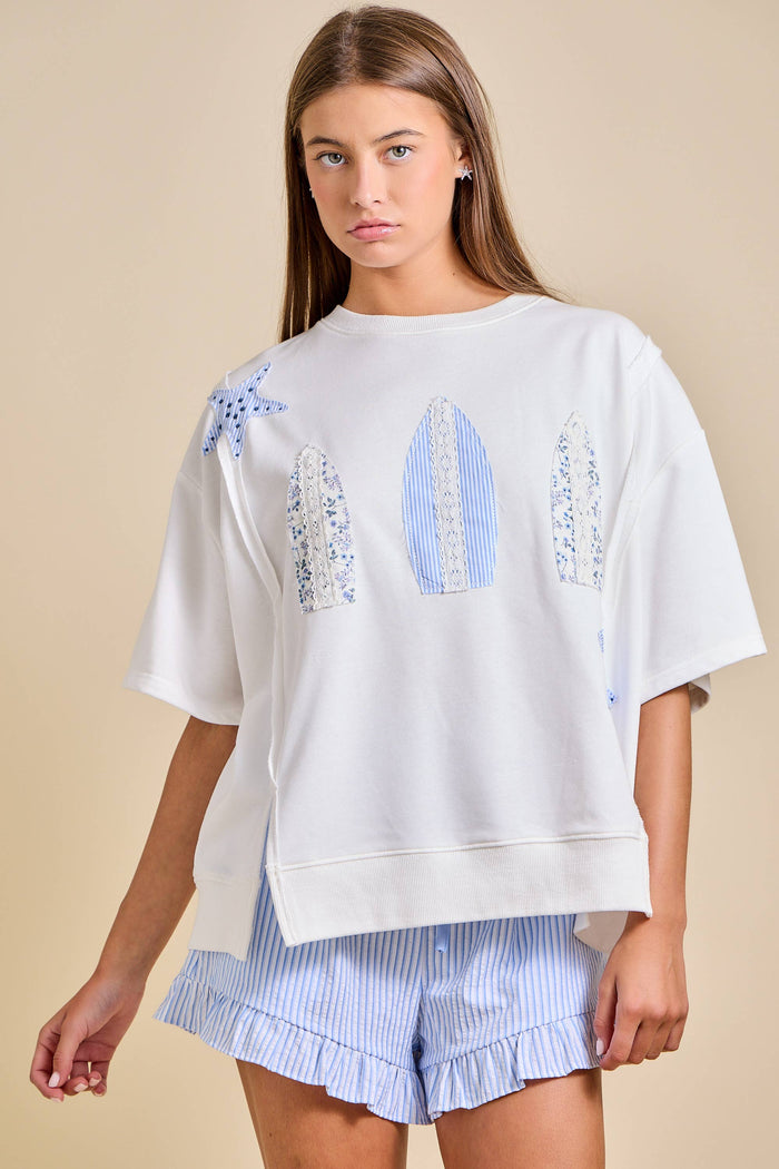Surfboard Patchwork Tee – Coastal Summer Top: WHITE / M