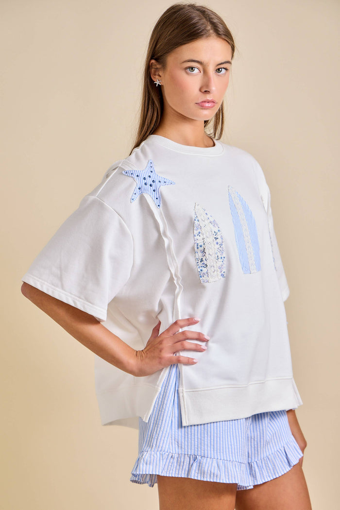Surfboard Patchwork Tee – Coastal Summer Top: WHITE / M