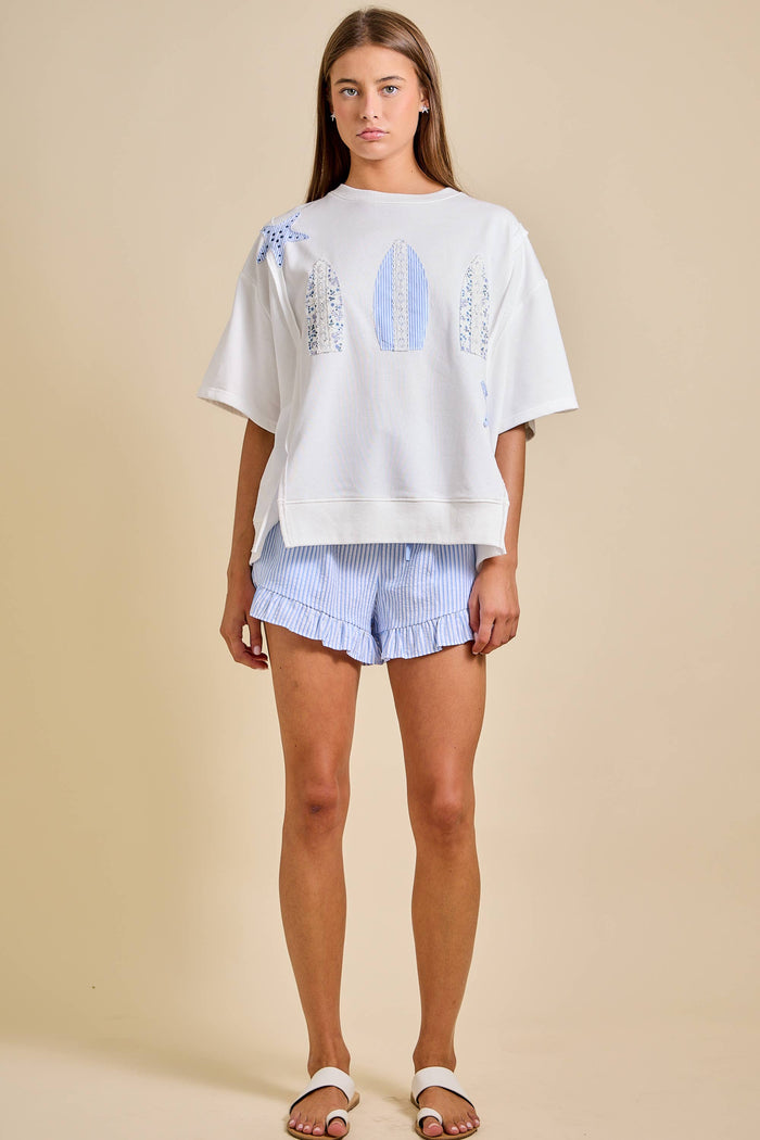 Surfboard Patchwork Tee – Coastal Summer Top: WHITE / M