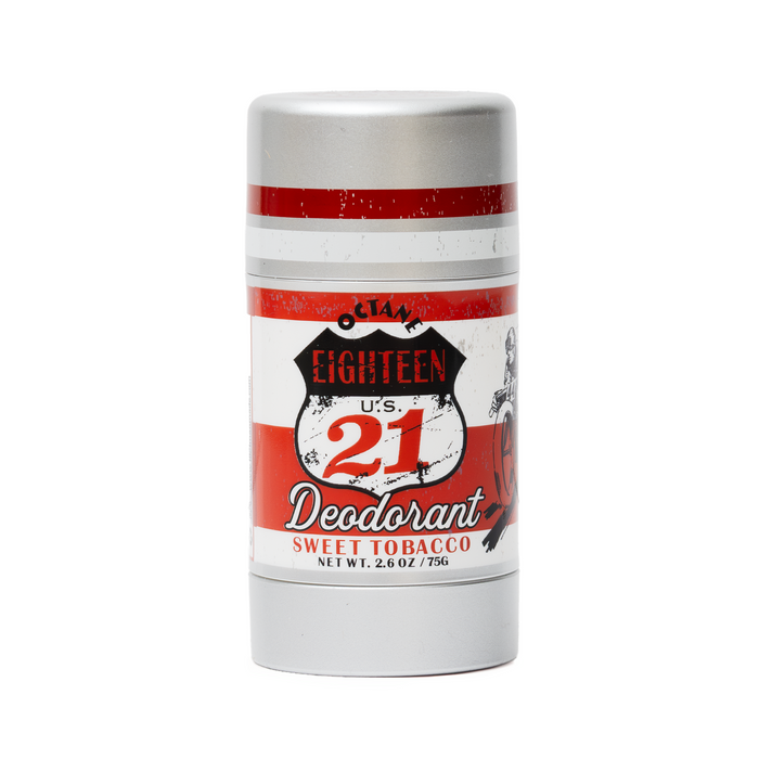 Sweet Tobacco Deodorant stick with red and white label on a white background