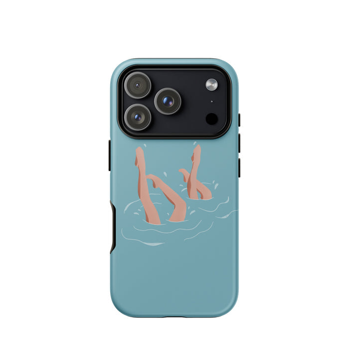 Phone case with illustration of legs in water on a light blue background