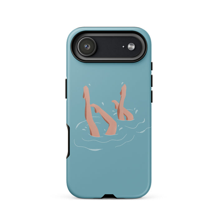 Phone case with illustration of legs in water on a light blue background