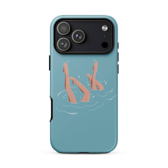 Phone case with illustration of legs in water on a light blue background