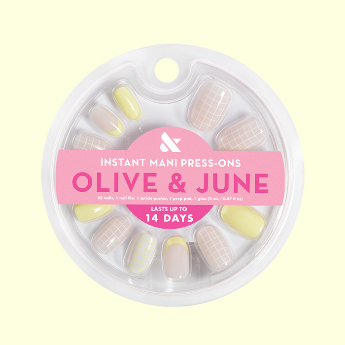 Tennis Vibes Mixed Pack - Press-On | Short | Round featuring sporty grid, french tips, and solid pastel yellow nails for easy at-home mani