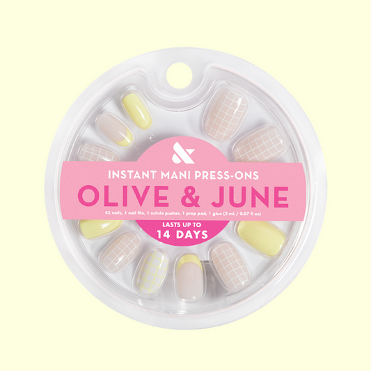 Tennis Vibes Mixed Pack - Press-On | Short | Round featuring sporty grid, french tips, and solid pastel yellow nails for easy at-home mani