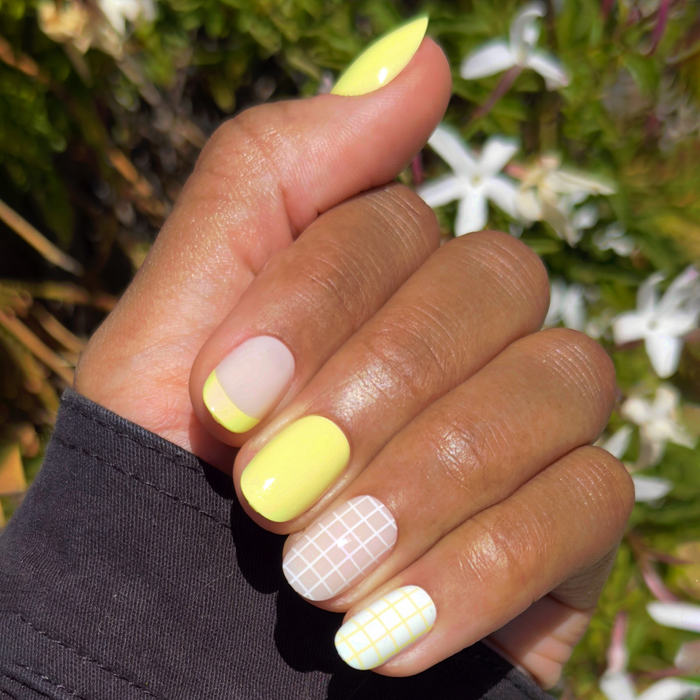 Tennis Vibes Mixed Pack - Press-On | Short | Round with yellow french tips, solid polish, and white grid pattern for easy at-home mani