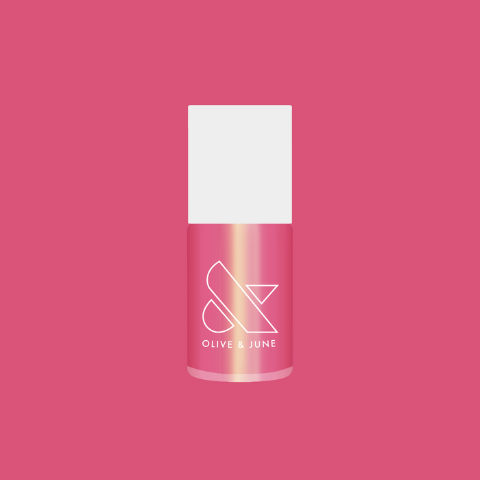 That’s Amoray nail polish bottle in shiny sweet pink iridescent shade for at-home manicure or gel polish use