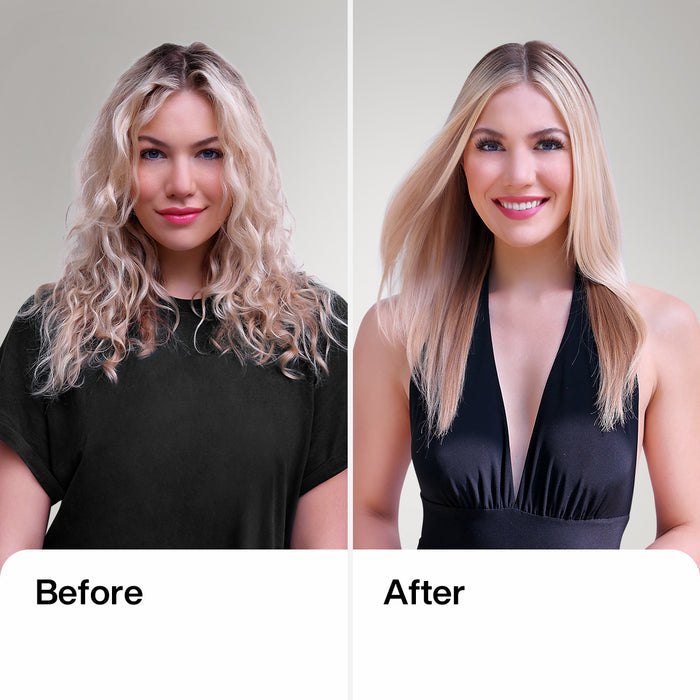 The Best Professional Hair Kit before and after: frizzy wavy blonde hair on the left, sleek straight blonde hair on the right
