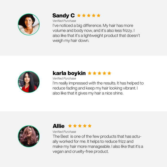 The Best Professional Hair Kit: verified five-star reviews from Sandy C, karla boykin and Allie citing more volume, less frizz and fading