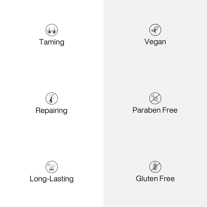 The Best Professional Hair Kit benefit icons: Taming, Repairing, Long-Lasting, Vegan, Paraben Free and Gluten Free