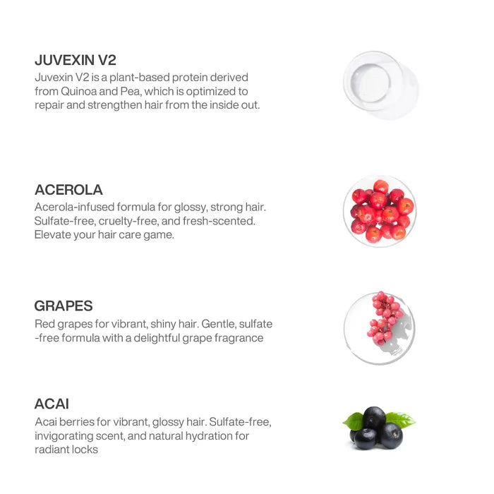 Ingredient panel: Juvexin V2 plant protein from quinoa and pea, plus acerola, red grapes and acai for glossy, strong hair