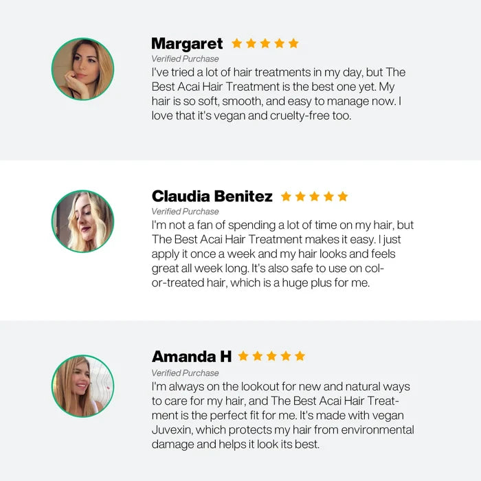 Three five-star verified reviews praising The Best Acai Hair Treatment as vegan, cruelty-free and safe on color-treated hair