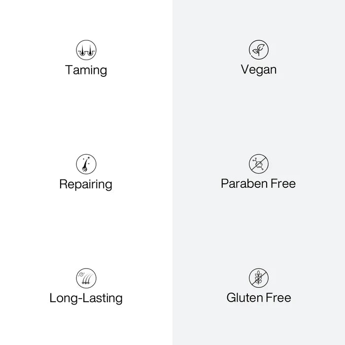 Six hair care feature icons labeled Taming, Vegan, Repairing, Paraben Free, Long-Lasting and Gluten Free