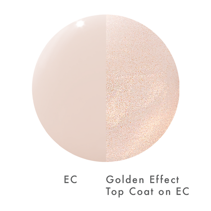 The Golden Effect Top Coat adding a shimmering golden glow over nude EC polish for a radiant mani finish