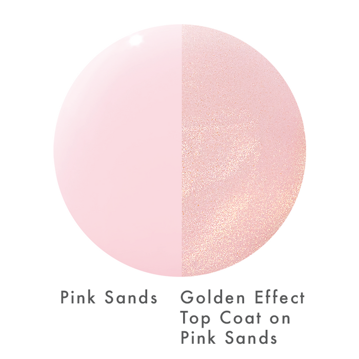 The Golden Effect Top Coat creating a golden shimmer over Pink Sands polish for a radiant manicure look