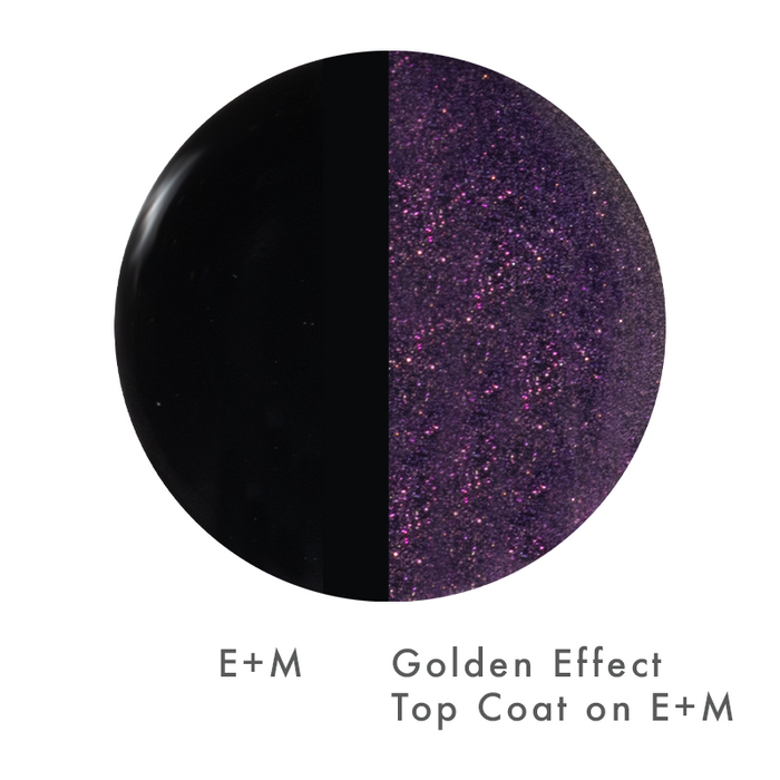 The Golden Effect Top Coat showing a shimmering gilded shift over dark gel polish for a radiant manicure finish