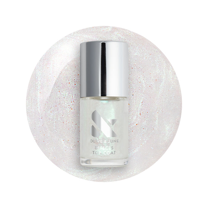 The Mermaid Effect Top Coat with iridescent pink shimmer and blue-green shift for a long-lasting manicure finish