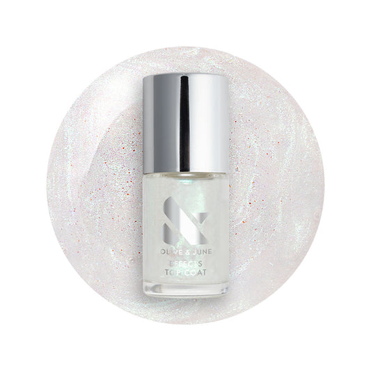 The Mermaid Effect Top Coat with iridescent pink shimmer and blue-green shift for a long-lasting manicure finish
