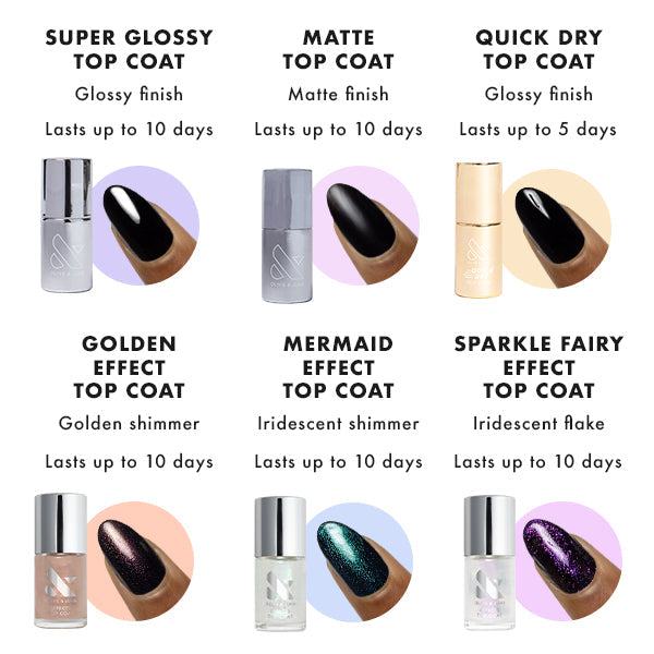 super glossy top coat - glossy finish lasts up to 10 days / Matte Top Coat - Matte Finish - Lasts up to 10 days | Quick dry top coat - glossy finish - lasts up to 5 days | Golden effect top coat - golden shimmer - lasts up to 10 days | Mermaid effect top coat - Iridescent shimmer - lasts up to 10 days | SParkle fairy top coat - Iridescent flake - lasts up to 10 days