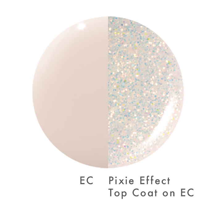 The Pixie Effect Top Coat shown with and without its iridescent shimmer over nude polish for a magical manicure effect