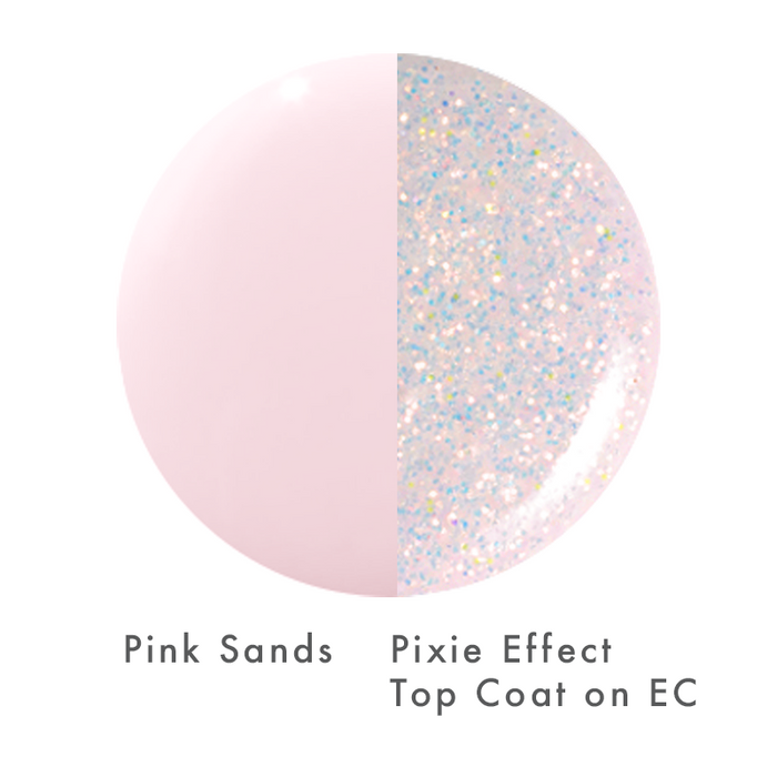 The Pixie Effect Top Coat showing iridescent shimmer over Pink Sands polish for a sparkling manicure finish
