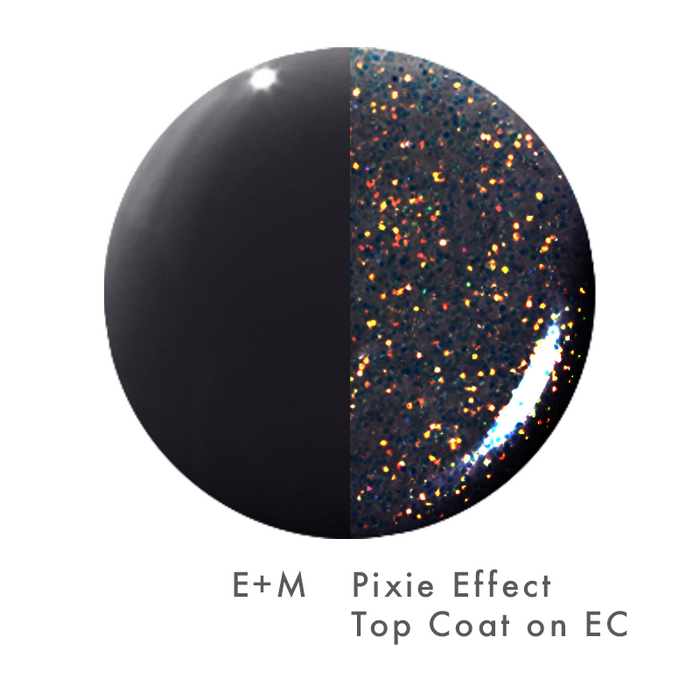 The Pixie Effect Top Coat showing iridescent shimmer effect on black polish for a sparkling manicure finish