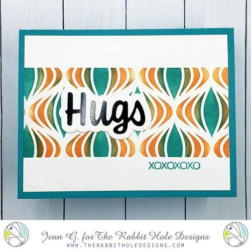 The Rabbit Hole Designs - Scripty Word Hot Foil Plate - Hugs. Create a stunning, letterpress feel to all your projects using our new hot foil dies! Designed to work in any standard hot foil system, be sure to follow the instructions in your manual for a standard hot foil plate. Made in the USA.  Coordinates with Hugs - Scripty 3x4 Stamp Set & Hugs - Scripty Word with Shadow Dies. Available at Embellish Away located in Bowmanville Ontario Canada. card design by Jenn G.