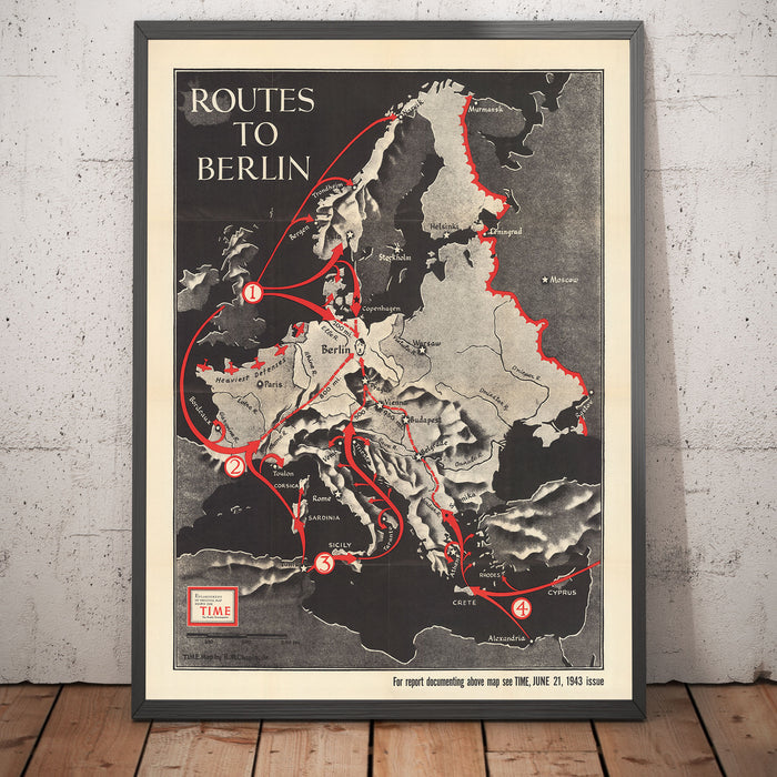 The Routes To Berlin, 1943 - Old World War 2 Map (with a Sad Little Hitler)