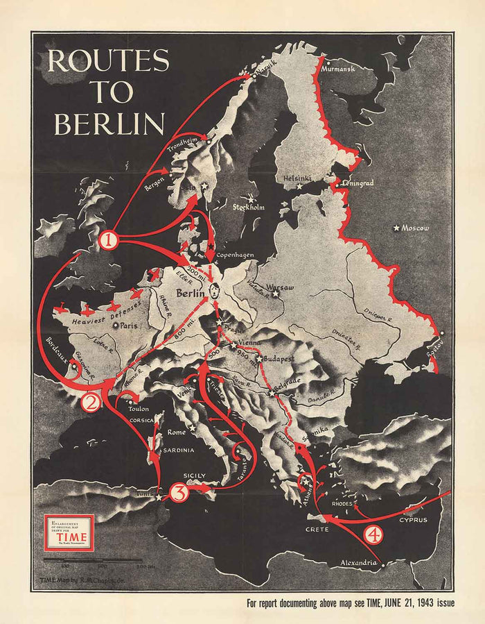 The Routes To Berlin, 1943 - Old World War 2 Map (with a Sad Little Hitler)
