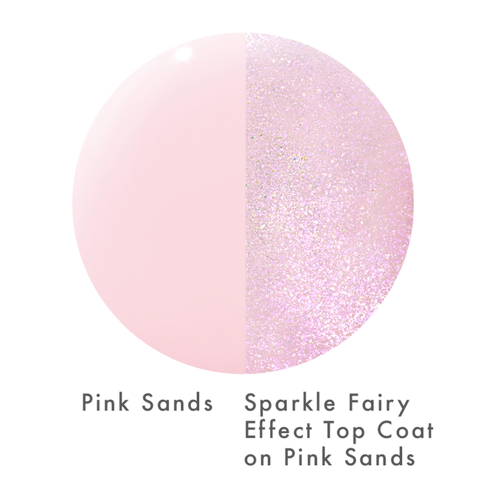 The Sparkle Fairy Effect Top Coat shimmering magenta micro-flake finish over Pink Sands polish for a sparkling mani