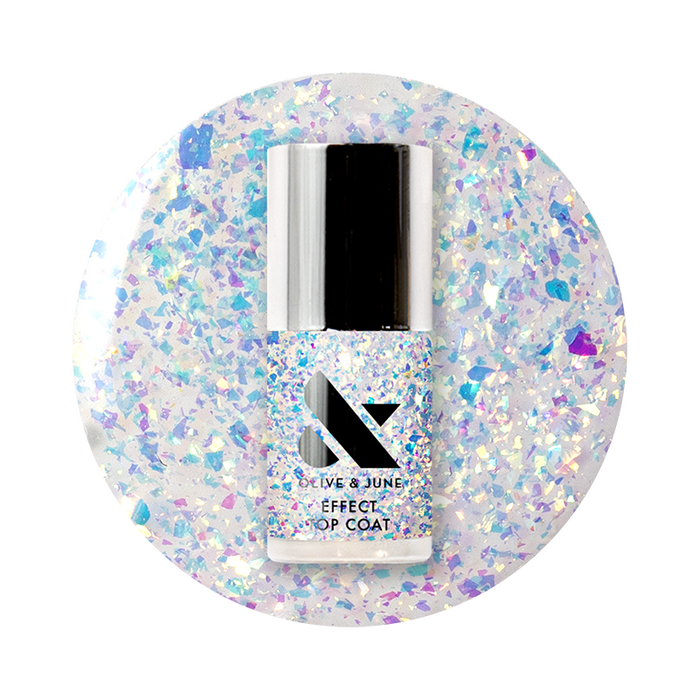 The Stardust Effect Top Coat featuring holographic flakes for a dazzling and sparkly manicure finish