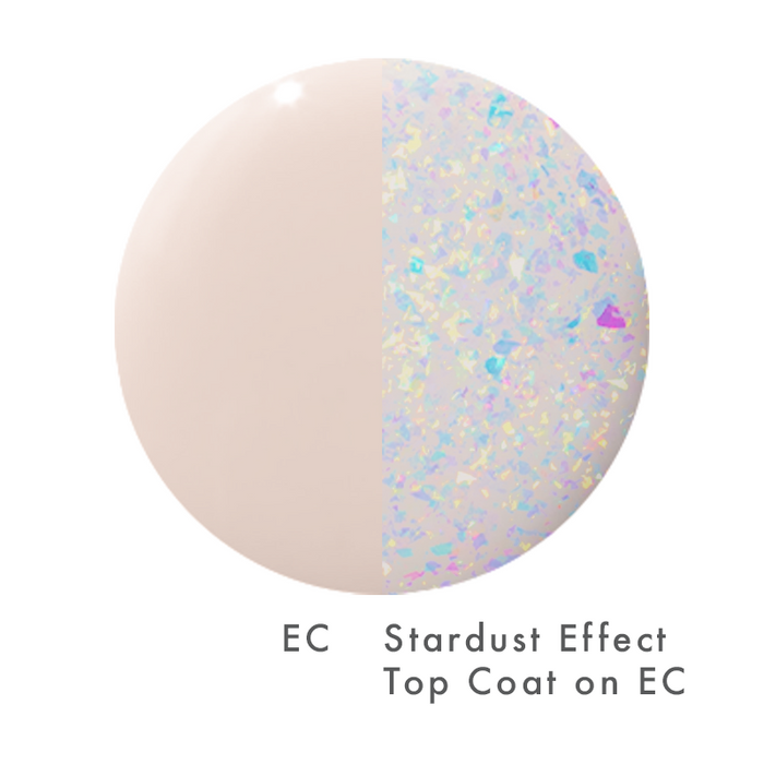 The Stardust Effect Top Coat showing iridescent holographic flakes over a soft neutral base for a sparkling mani finish