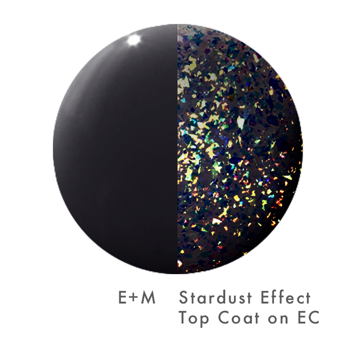 The Stardust Effect Top Coat over dark polish showing vibrant holographic flakes for a sparkling manicure finish