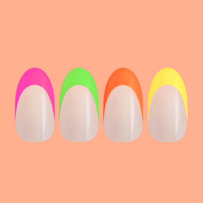 Thick Rainbow French Mixed Pack - Press-On | Medium | Oval with neon pink, green, orange, and yellow thick french tip mani