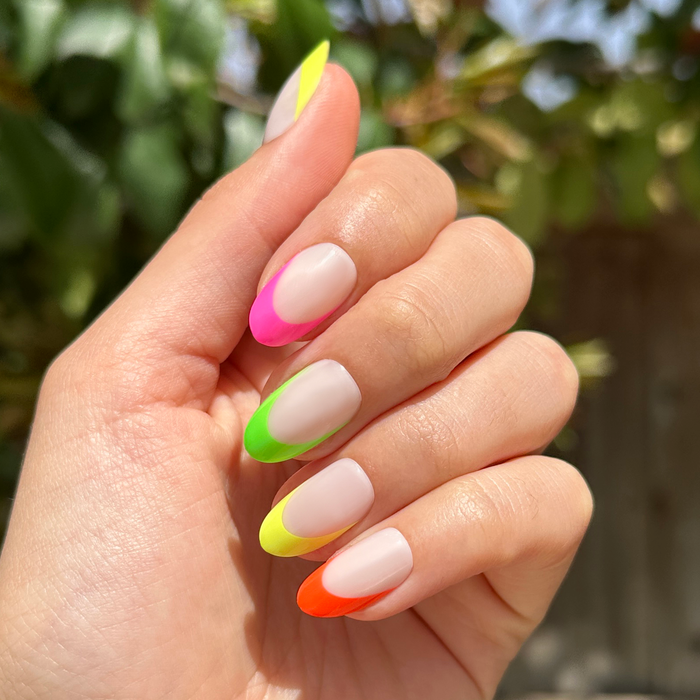 Thick Rainbow French Mixed Pack - Press-On | Medium | Oval with neon pink, green, yellow, and orange french tip press-on nails