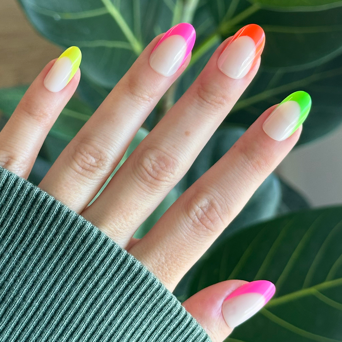 Thick Rainbow French Mixed Pack - Press-On | Medium | Oval with neon yellow, pink, orange, and green french tip false nails manicure