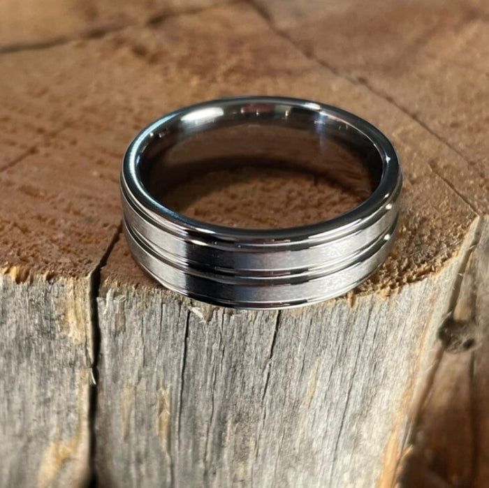 Titanium Satin Finish Ring with Polished Cut & Flat Edge (8mm)
