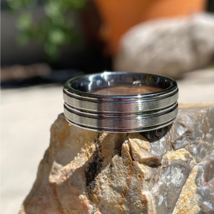 Titanium Satin Finish Ring with Polished Cut & Flat Edge (8mm)