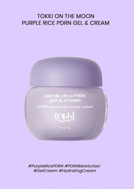 TOKKI ON THE MOON Purple Rice PDRN Gel & Cream 50g jar on a lavender background