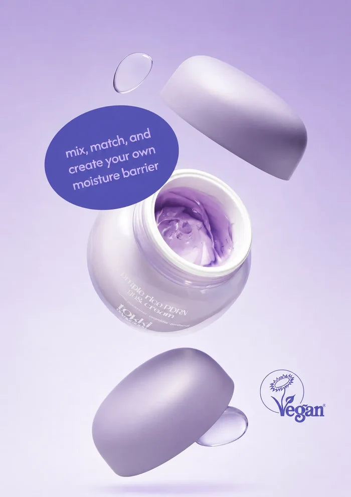 TOKKI ON THE MOON Purple Rice PDRN Gel & Cream jar with mix-and-match moisture message