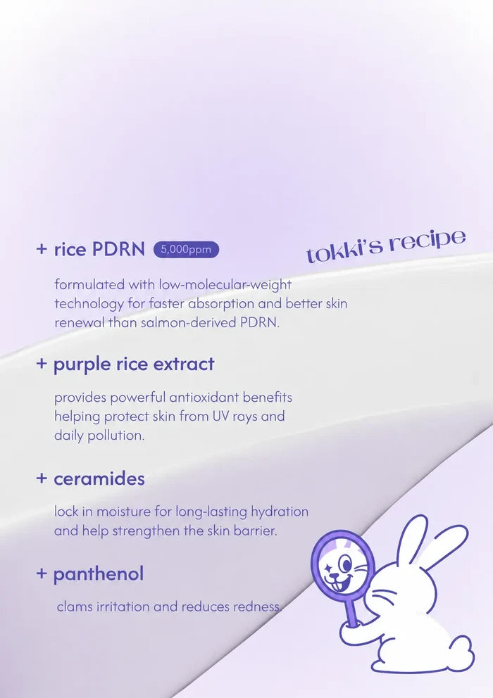 TOKKI Purple Rice PDRN Gel & Cream ingredients including rice PDRN, purple rice, five ceramides and panthenol