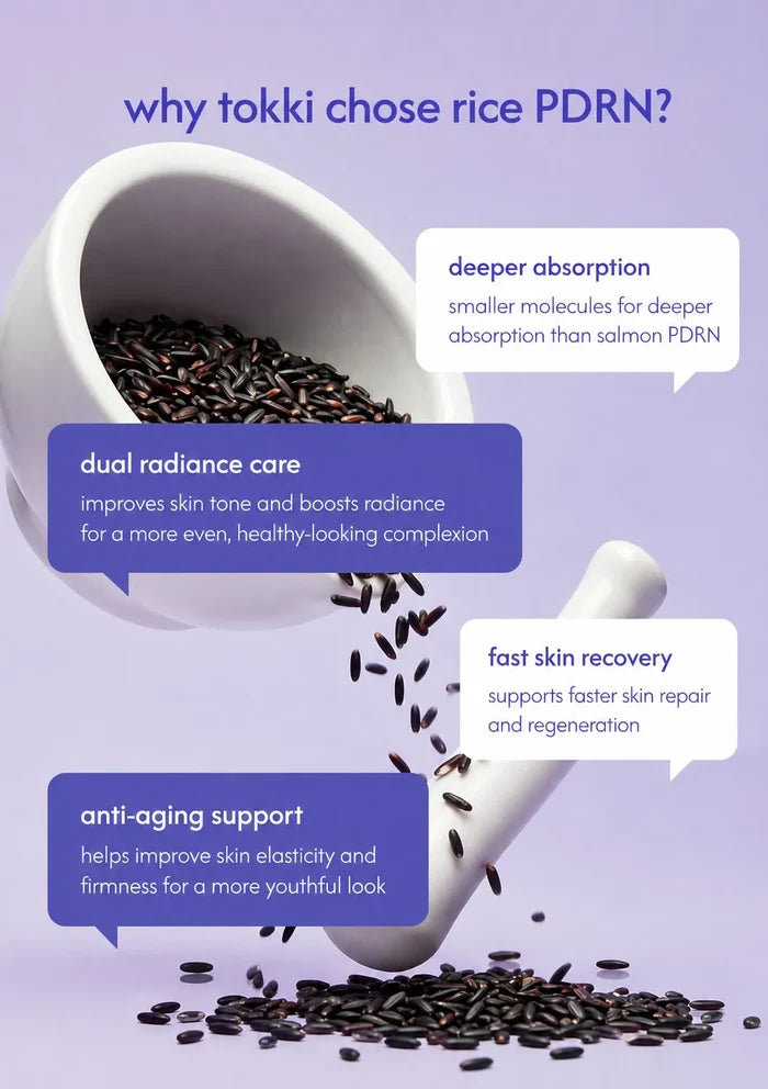 TOKKI rice-derived PDRN and purple rice ingredient graphic for the Gel & Cream Korean moisturiser