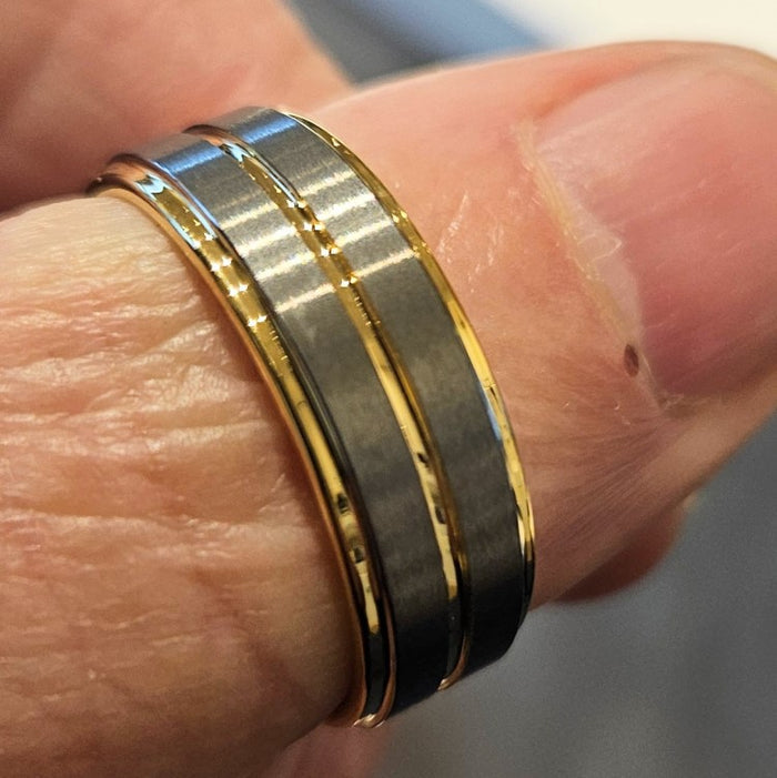 Tungsten Carbide & Yellow Gold Satin Finish Top with polish gold edges ring