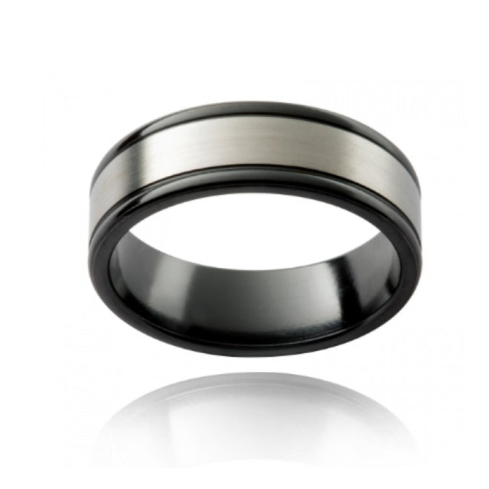 Two Tone Black Zirconium Design Band Men's Ring
