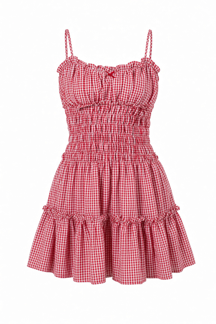 Red and white gingham mini dress with a smocked bodice, ruffled spaghetti straps, and tiered skirt on a white background.