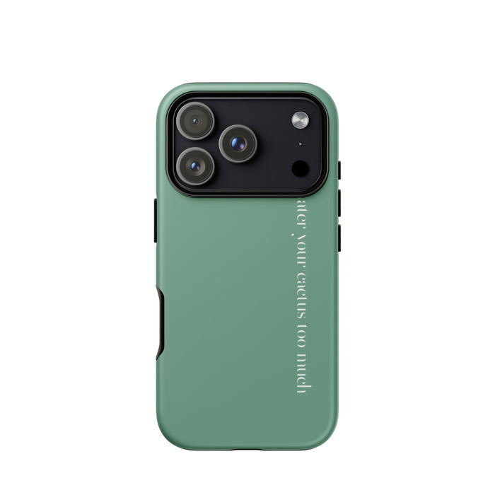 Green phone case with text on a white background