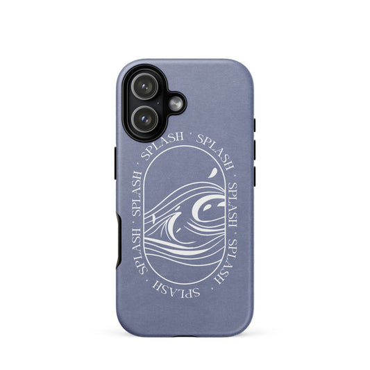 Blue phone case with 'Splash' text and wave design on a white background