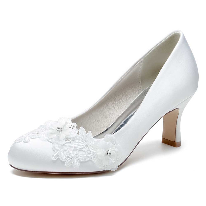 S&DCo. elegant wedding shoes for bride low heel with floral lace detailing in white satin