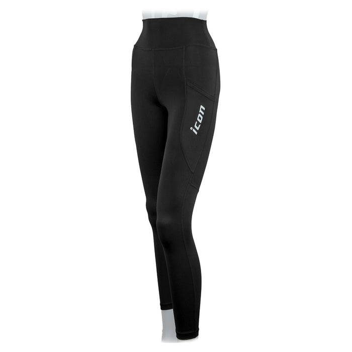 Black leggings with 'ICON' branding on a white background